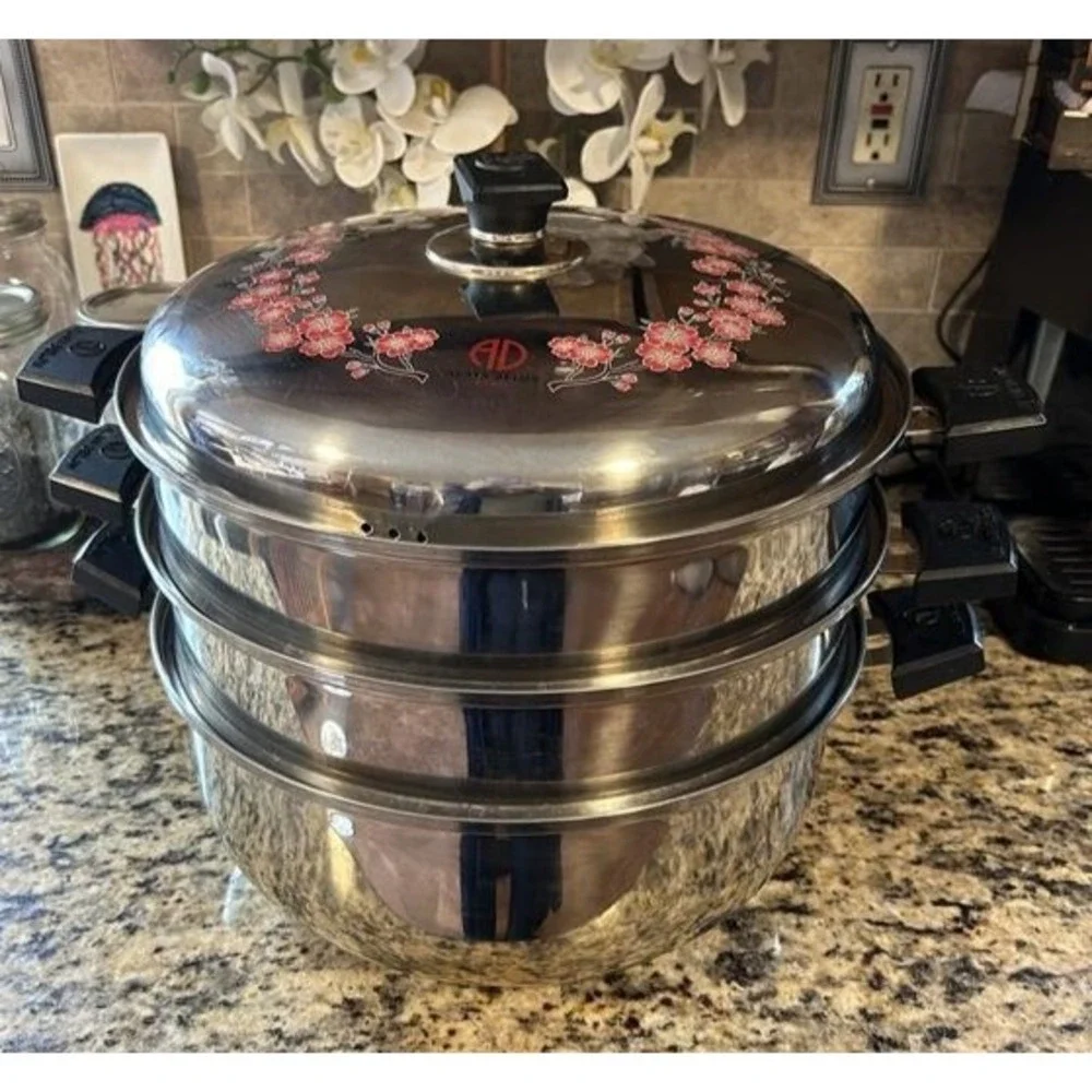 Alain Delon cherry blossom vintage 3 Tier Stainless Steel Steamer Pot France 13